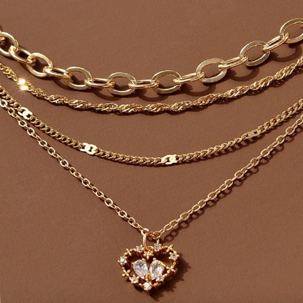 Heart Charm Layered Necklace Copper Jewelry - Zirconia Stones - One hook for all - Picture 1 of 6